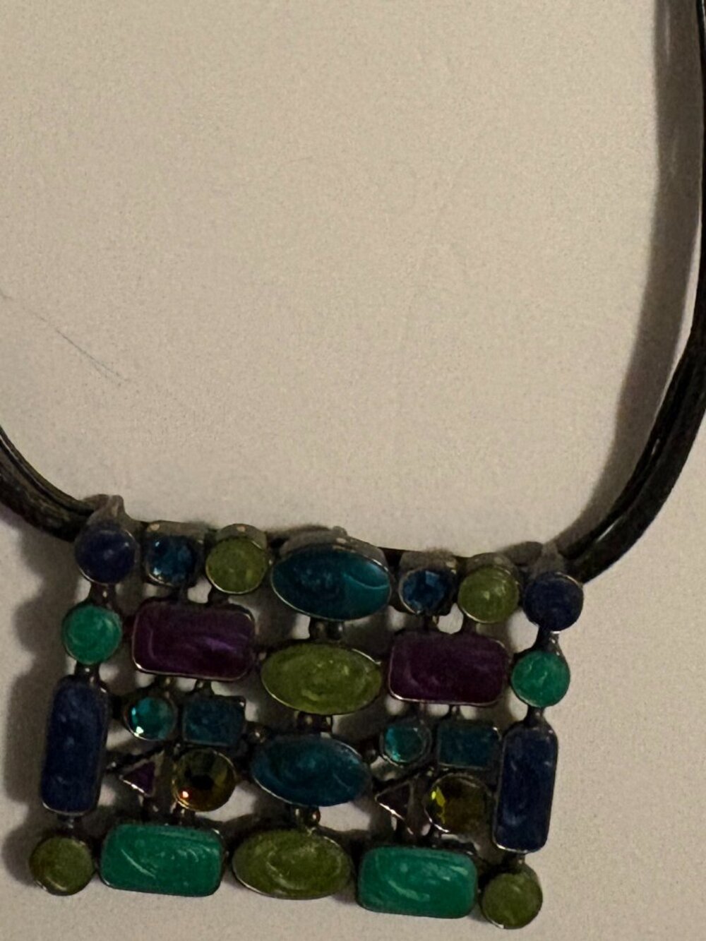 Chico's Blue Green Mosaic Pendant Necklace on Cord